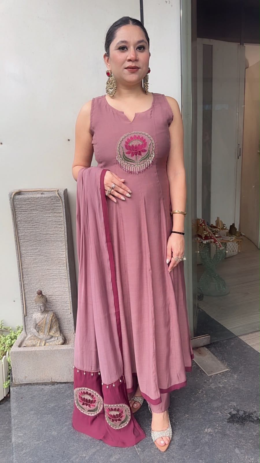Rahat Onion pink Cotton Designer Anarkali Suit (Sleeve fabric Attached)