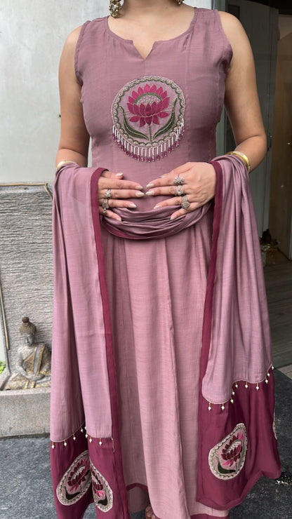 Rahat Onion pink Cotton Designer Anarkali Suit (Sleeve fabric Attached)