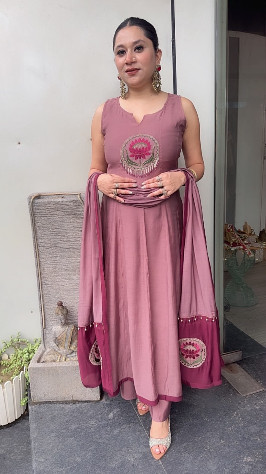 Rahat Onion pink Cotton Designer Anarkali Suit (Sleeve fabric Attached)