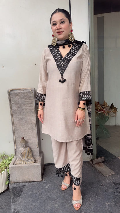 Badam Beige Pom  Pom Designer Suit