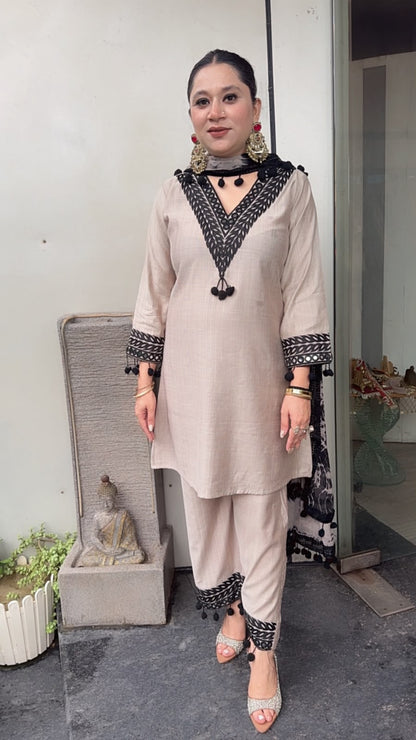 Badam Beige Pom  Pom Designer Suit
