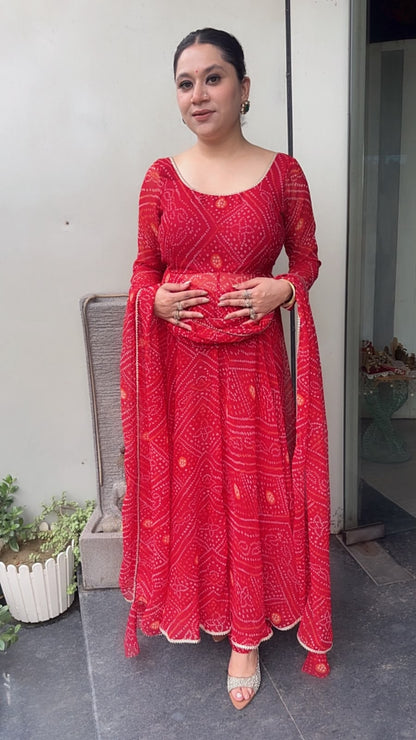 Darbar Red Leheria Digital print Designer Anarkali Suit