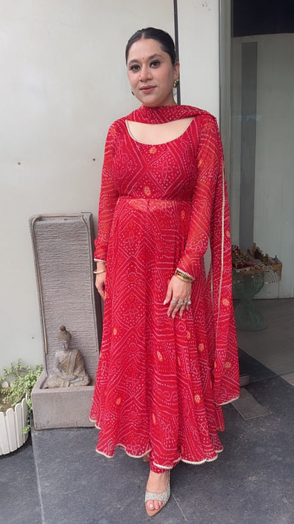 Darbar Red Leheria Digital print Designer Anarkali Suit