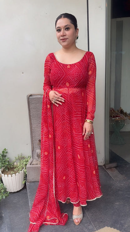 Darbar Red Leheria Digital print Designer Anarkali Suit