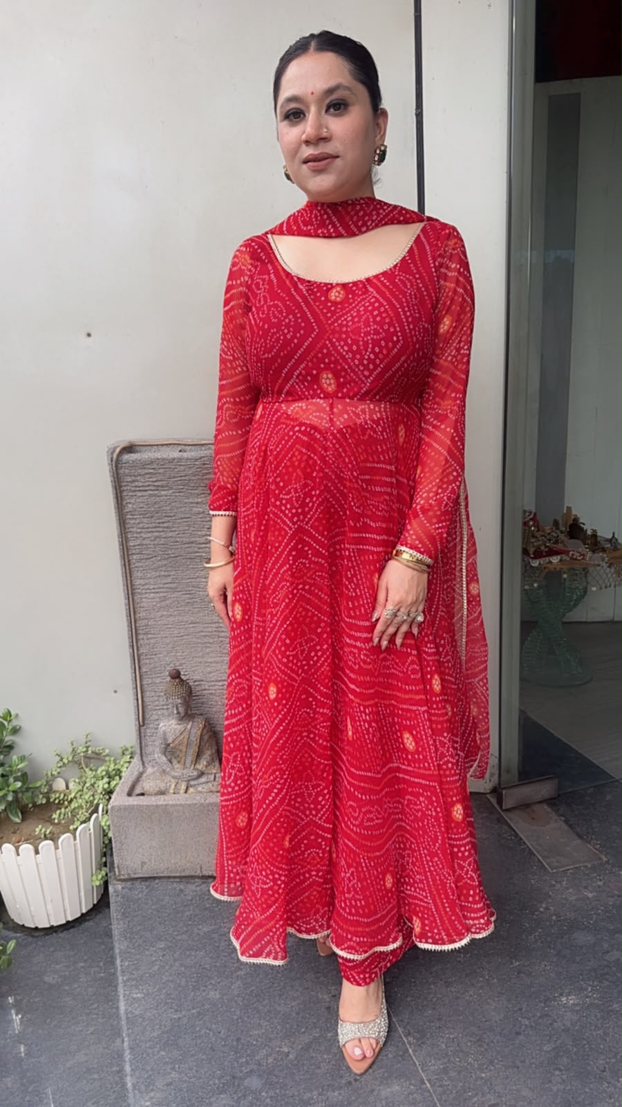 Darbar Red Leheria Digital print Designer Anarkali Suit