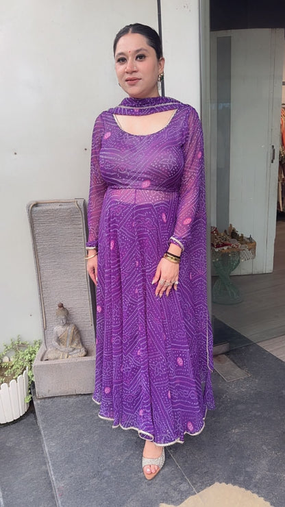 Darbar purple Leheria Digital print Designer Anarkali Suit
