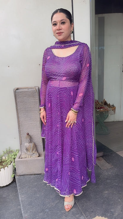 Darbar purple Leheria Digital print Designer Anarkali Suit