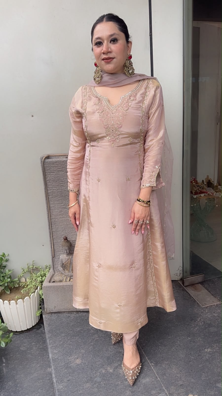 Curry Baby pink Designer A-Line Cotton Shimmer Suit