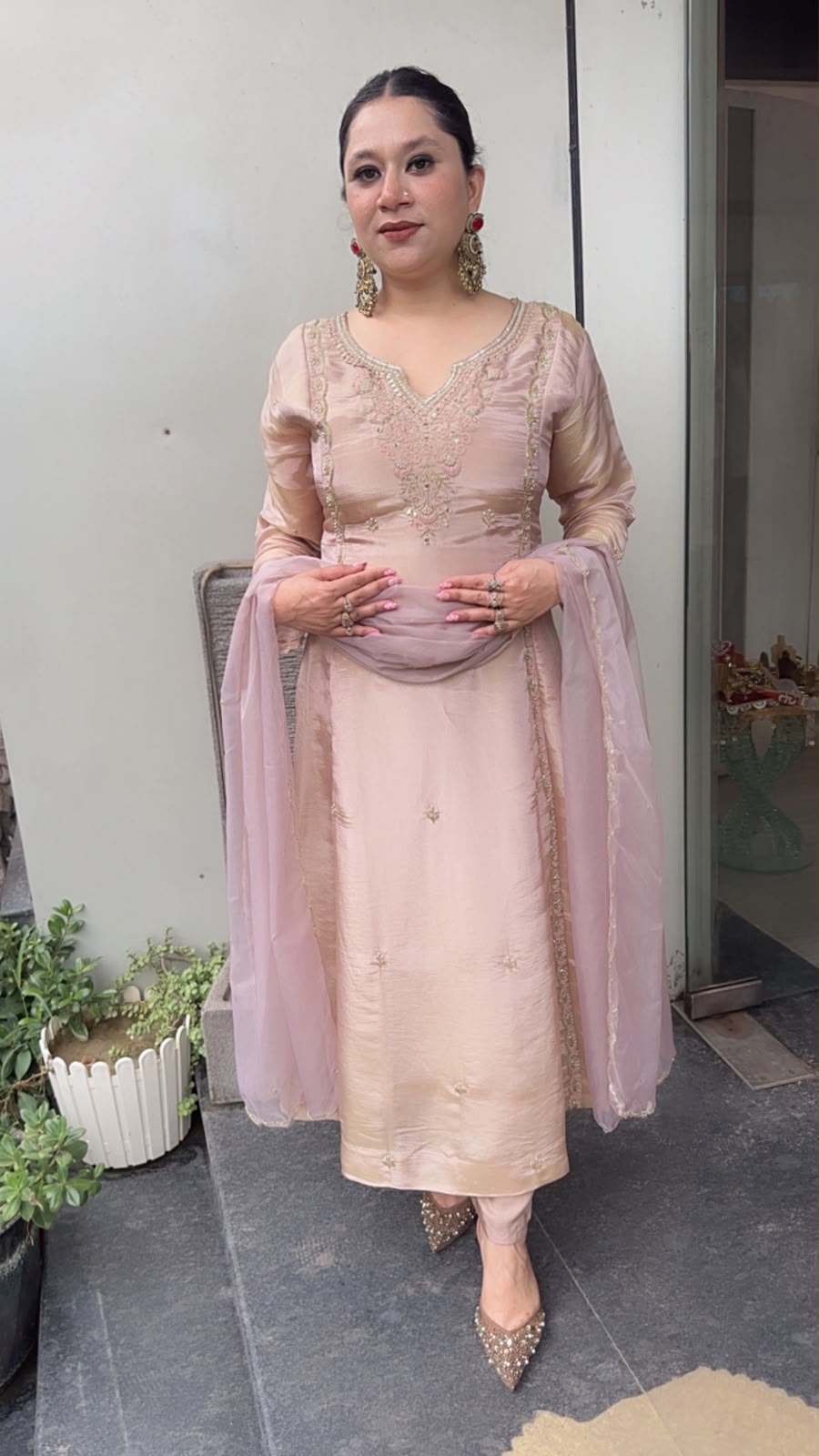 Curry Baby pink Designer A-Line Cotton Shimmer Suit