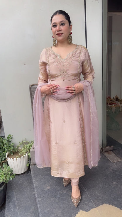 Curry Baby pink Designer A-Line Cotton Shimmer Suit