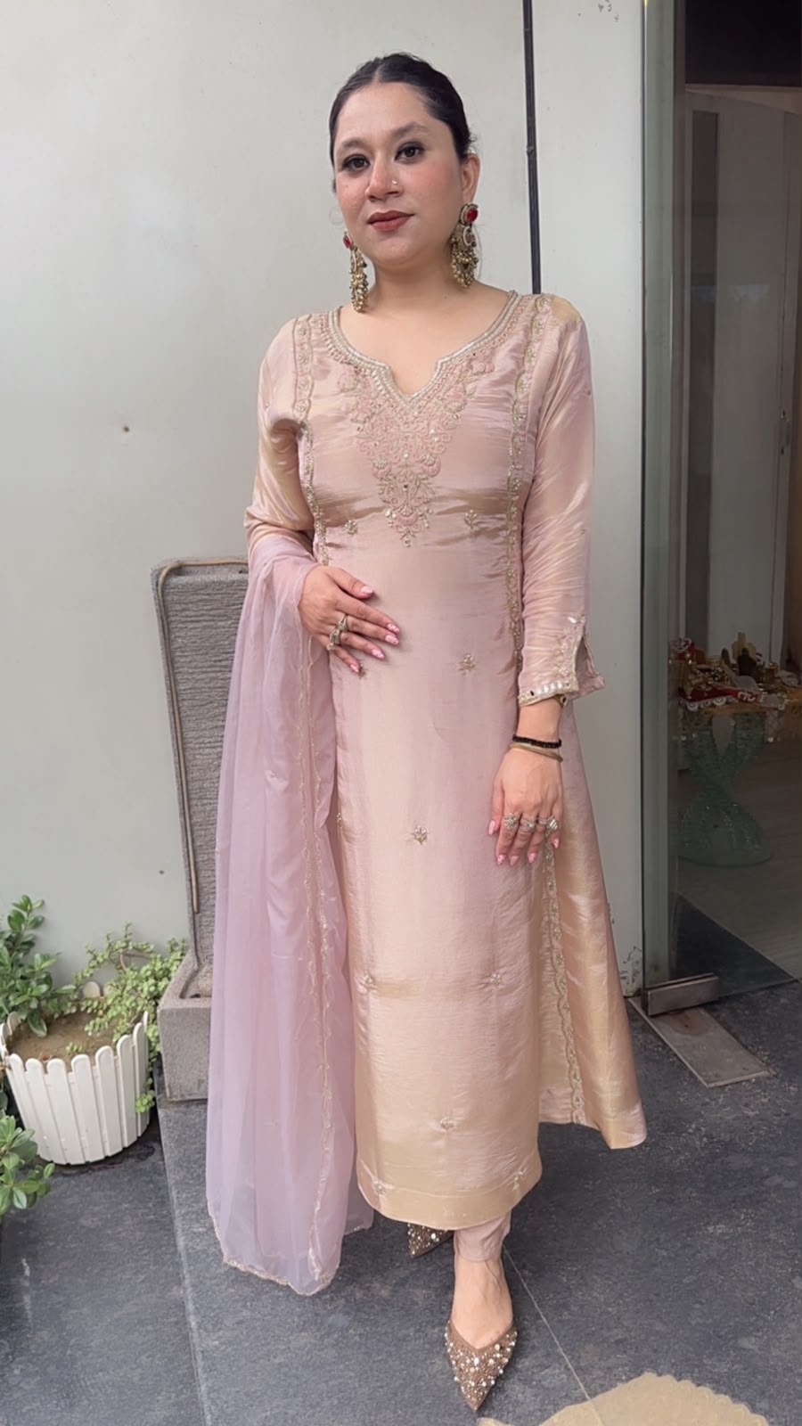 Curry Baby pink Designer A-Line Cotton Shimmer Suit