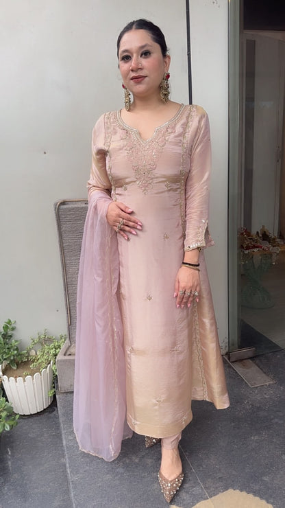 Curry Baby pink Designer A-Line Cotton Shimmer Suit