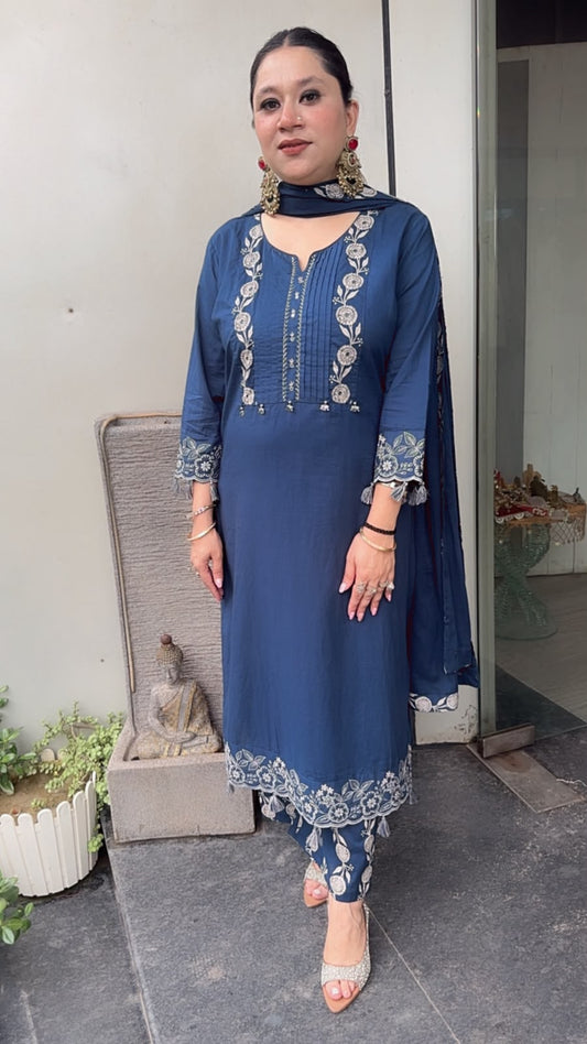 Abroo Navy Blue Tassel Cotton Designer Suit