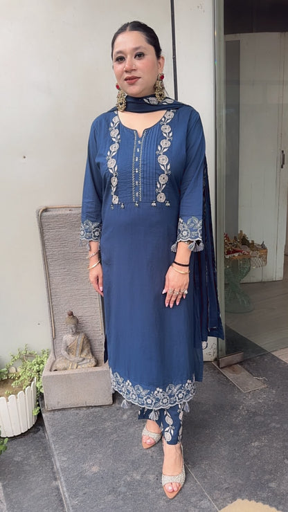 Abroo Navy Blue Tassel Cotton Designer Suit