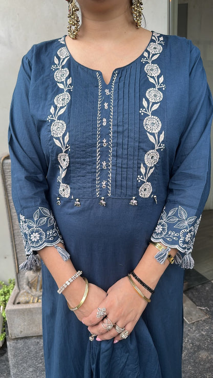 Abroo Navy Blue Tassel Cotton Designer Suit