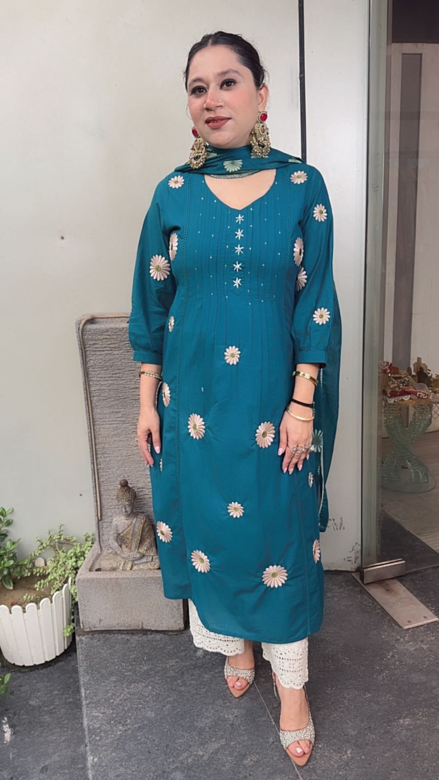 Ruhani Teal Blue Cotton Designer Suit