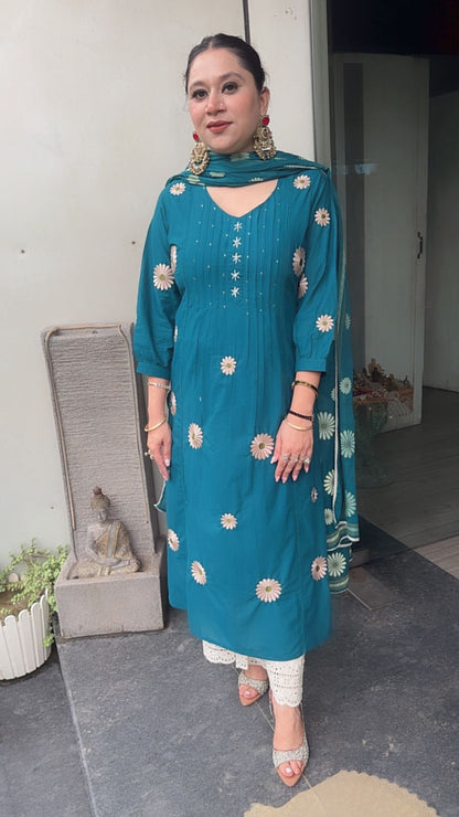 Ruhani Teal Blue Cotton Designer Suit