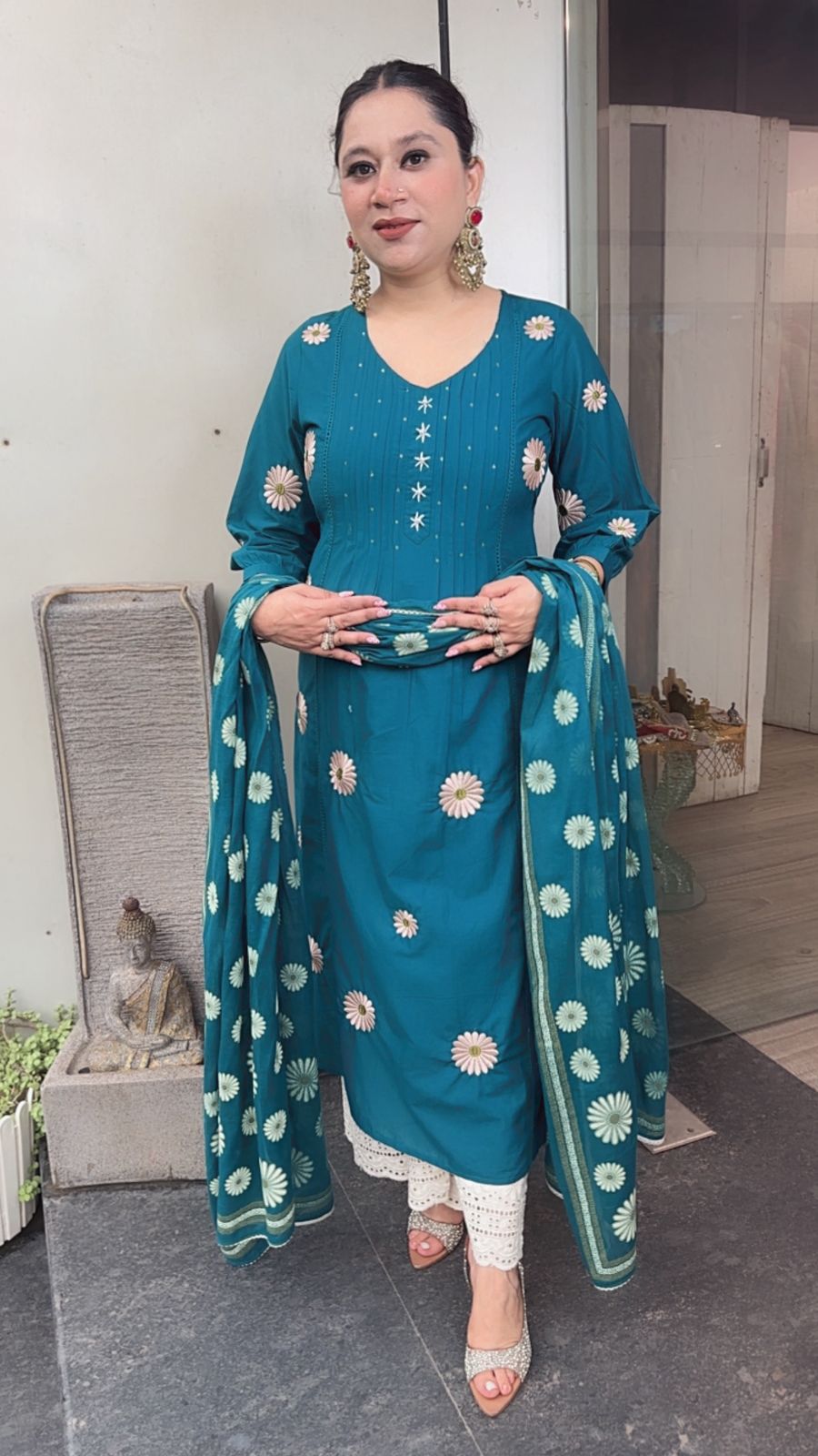 Ruhani Teal Blue Cotton Designer Suit