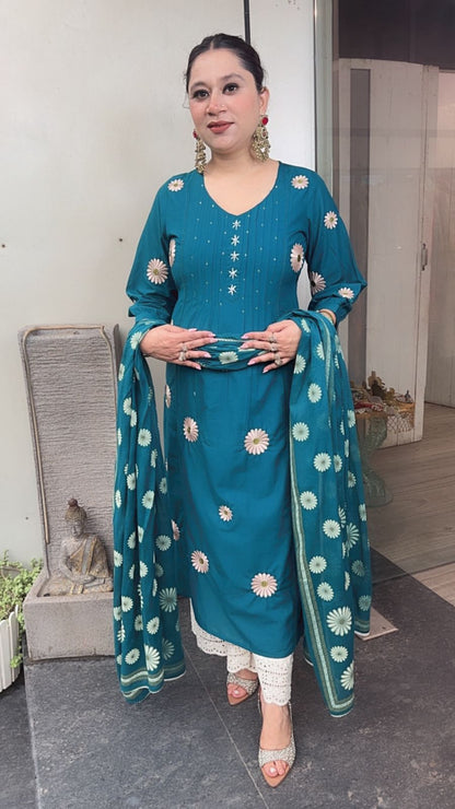 Ruhani Teal Blue Cotton Designer Suit