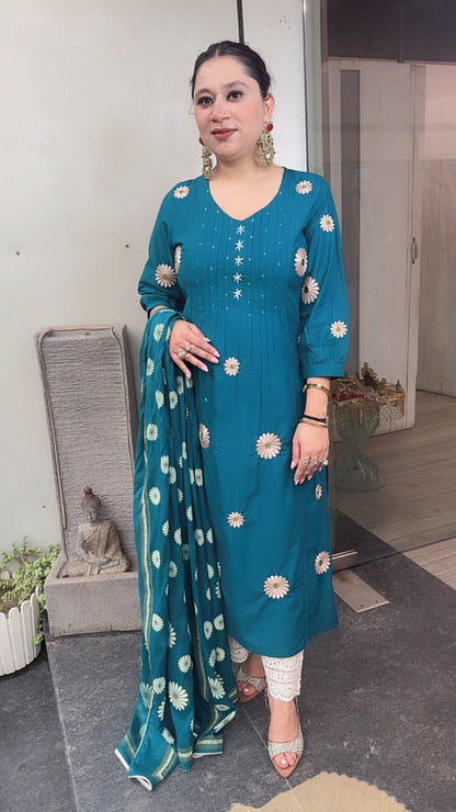 Ruhani Teal Blue Cotton Designer Suit