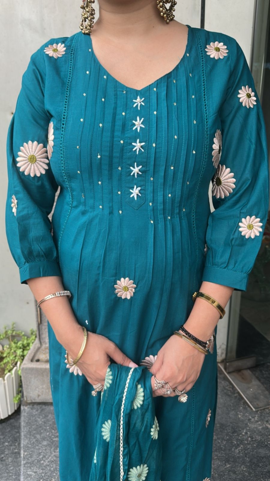 Ruhani Teal Blue Cotton Designer Suit