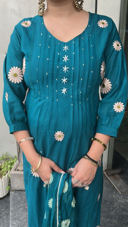 Ruhani Teal Blue Cotton Designer Suit