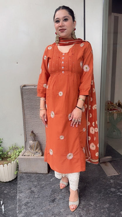 Ruhani Rust Cotton Designer Suit