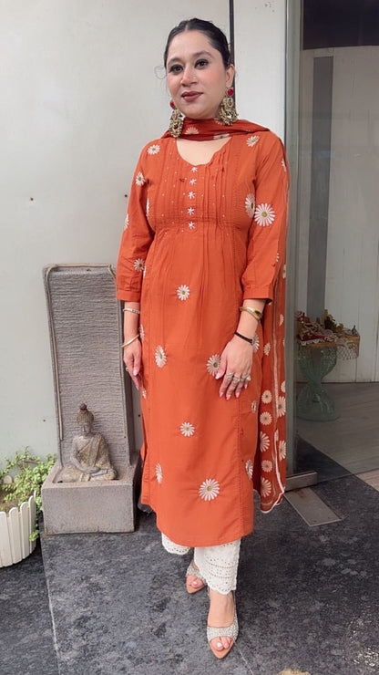 Ruhani Rust Cotton Designer Suit