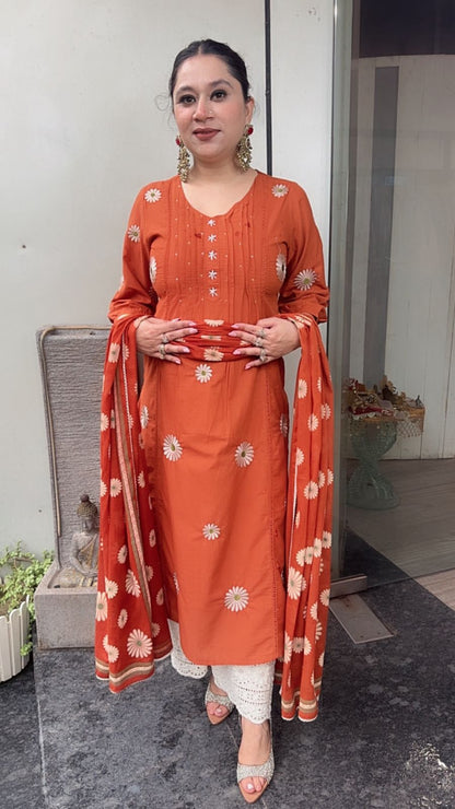 Ruhani Rust Cotton Designer Suit
