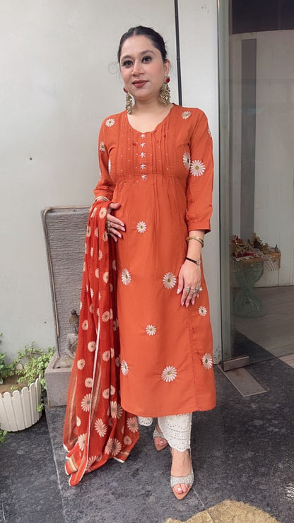Ruhani Rust Cotton Designer Suit