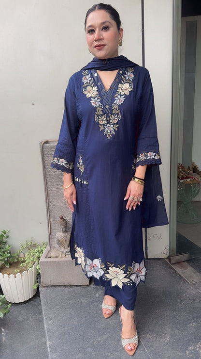 Naari Navy Blue Cotton Designer Suit