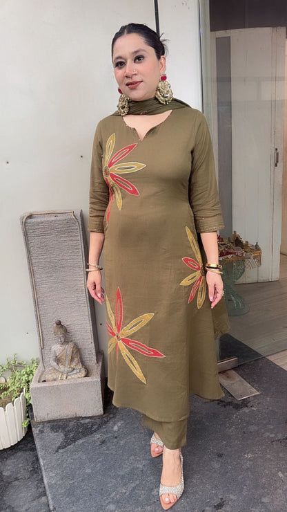 Maham Olive Green A-Line Cotton Designer Suit