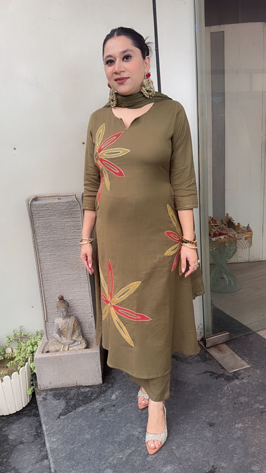 Maham Olive Green A-Line Cotton Designer Suit