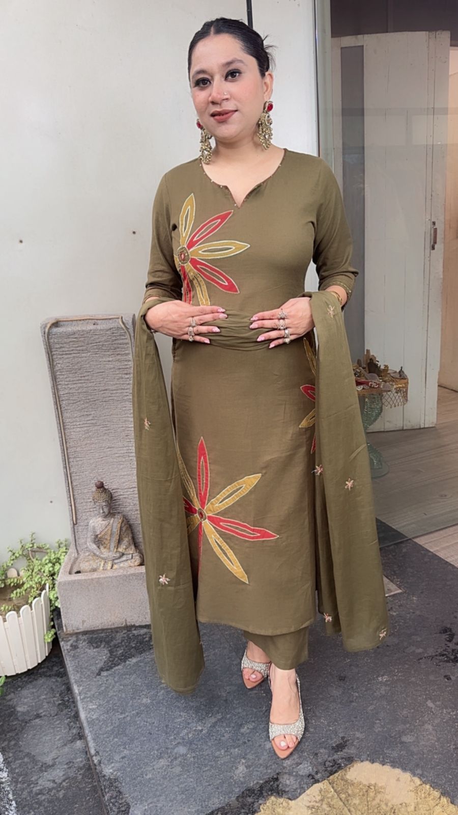 Maham Olive Green A-Line Cotton Designer Suit