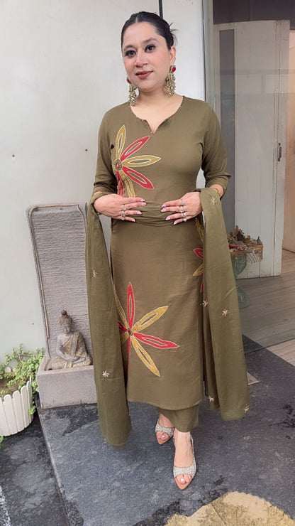 Maham Olive Green A-Line Cotton Designer Suit