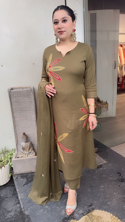 Maham Olive Green A-Line Cotton Designer Suit