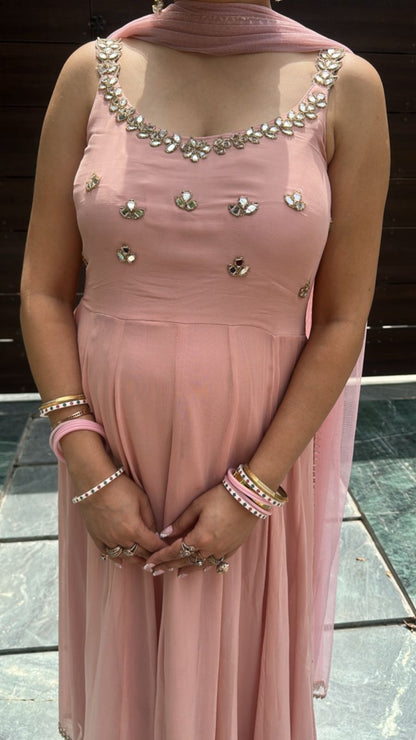 Bandhan Baby pink Designer Anarkali Suit (Sleeves Fabric Attached)