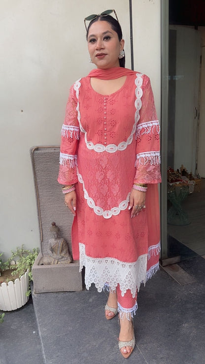 Rabiya peach Lace Cotton Designer Suit