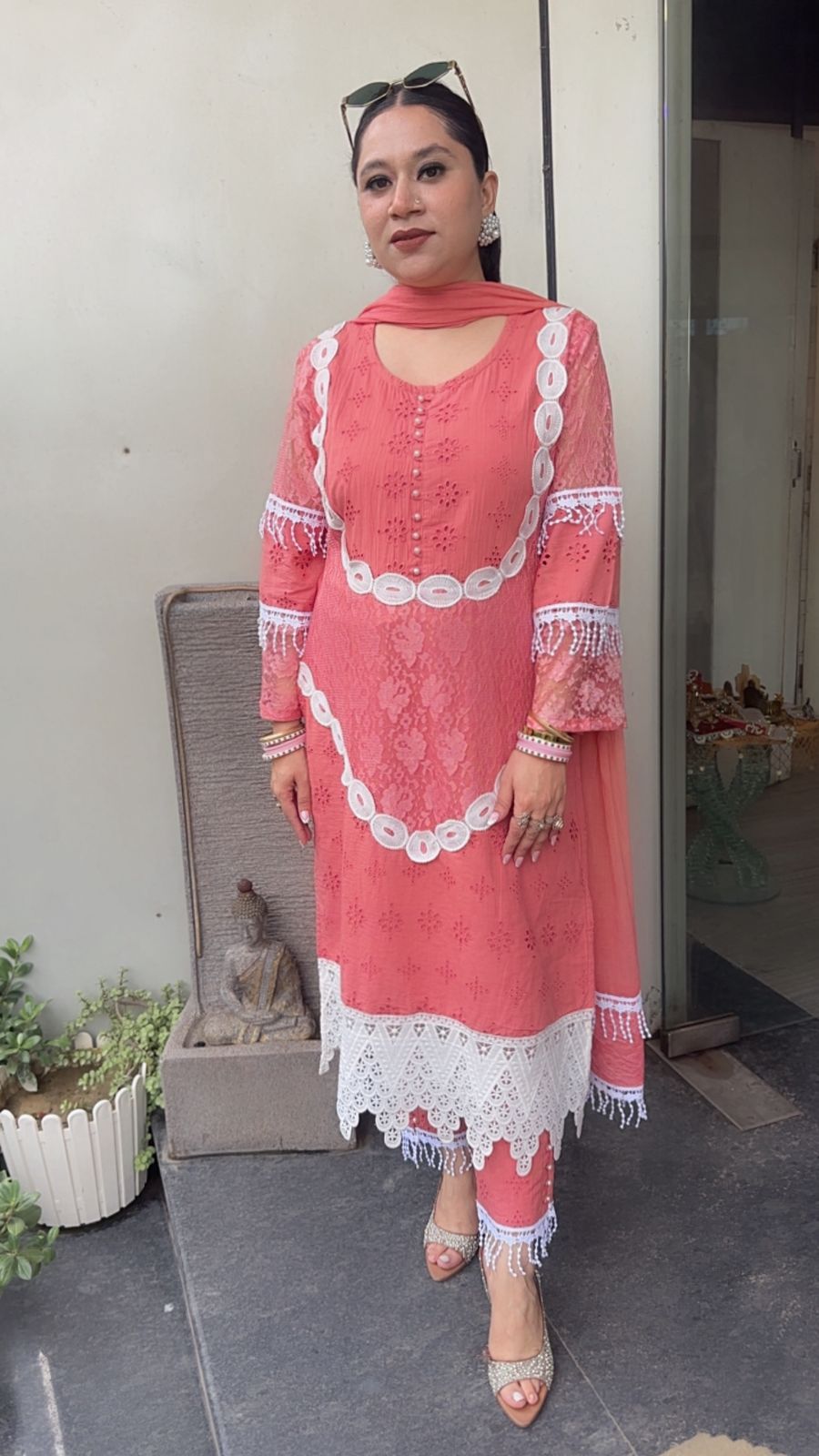 Rabiya peach Lace Cotton Designer Suit