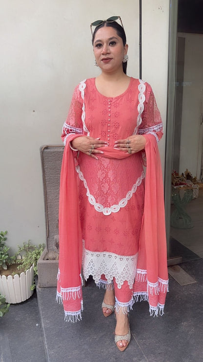 Rabiya peach Lace Cotton Designer Suit