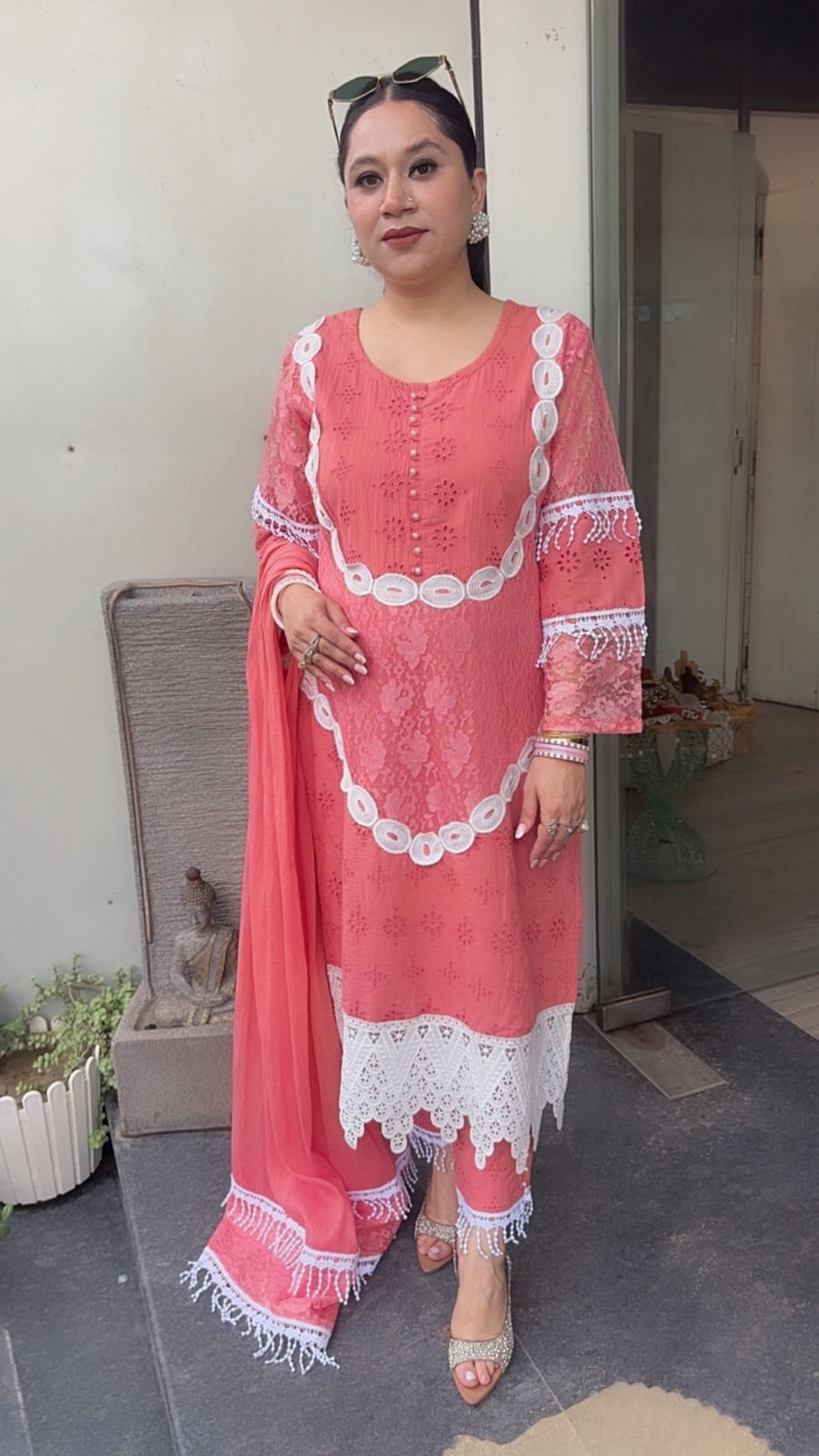 Rabiya peach Lace Cotton Designer Suit