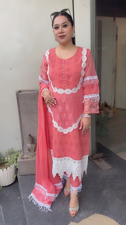 Rabiya peach Lace Cotton Designer Suit