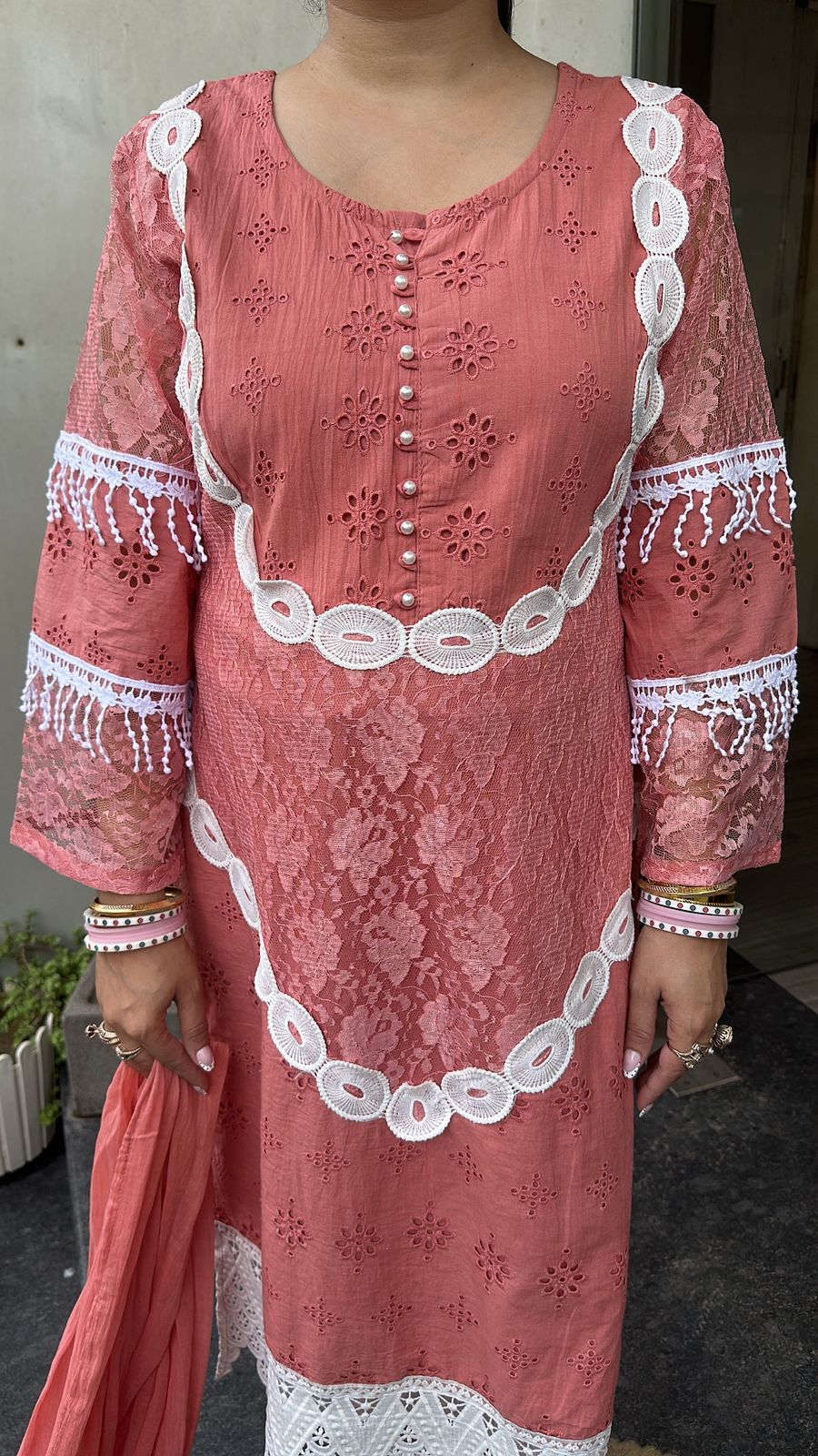Rabiya peach Lace Cotton Designer Suit