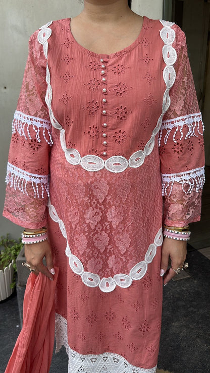 Rabiya peach Lace Cotton Designer Suit