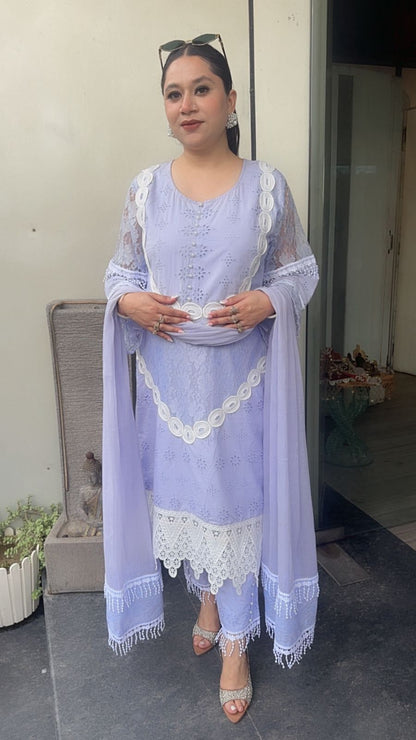 Rabiya Lavander Lace Cotton Designer Suit