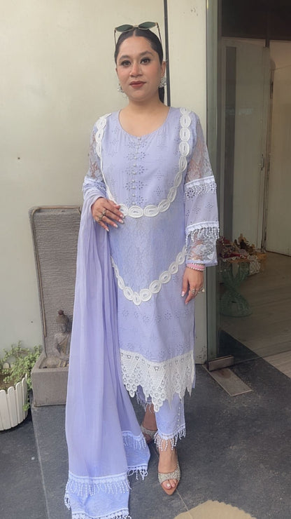 Rabiya Lavander Lace Cotton Designer Suit