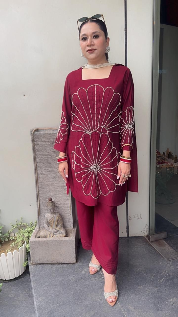 Lucia Mahroon Designer peal Dupatta Suit