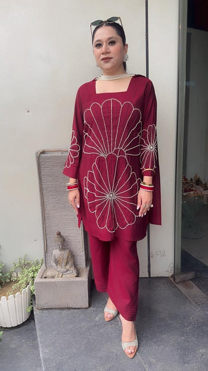 Lucia Mahroon Designer peal Dupatta Suit