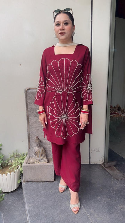 Lucia Mahroon Designer peal Dupatta Suit