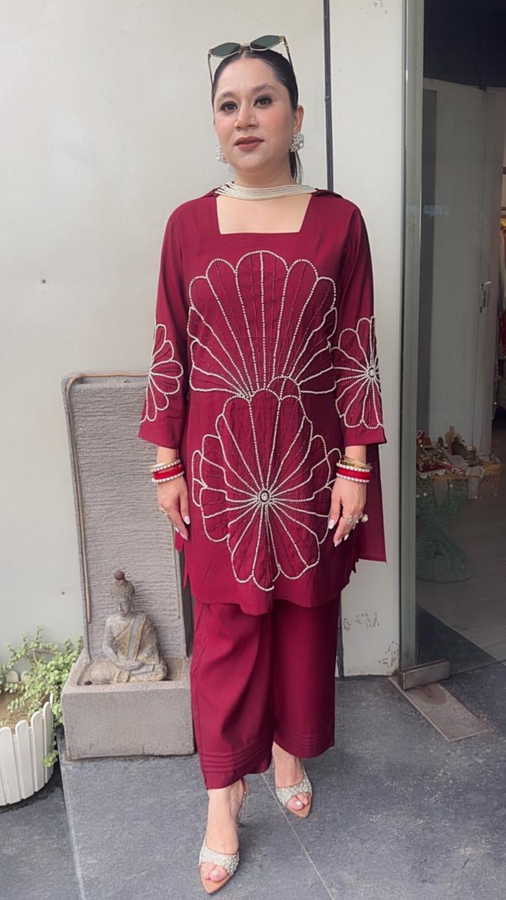 Lucia Mahroon Designer peal Dupatta Suit